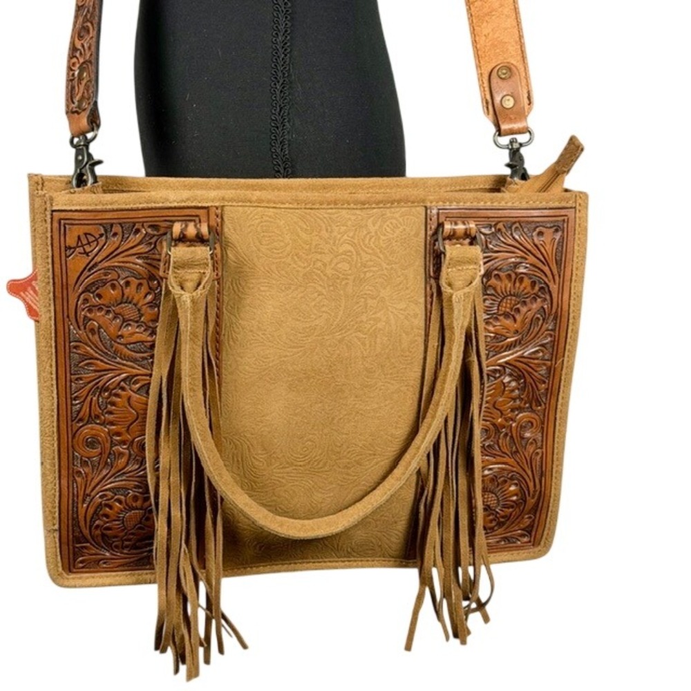 American Darling Tooled Leather Fringe Concealed Carry Tote Bag Tan Suede NEW
